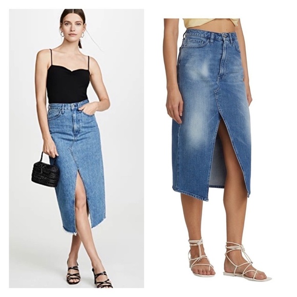 3x1 DENIM Elizabella Denim Midi Skirt High Slit High Rise Size 27 NWT - Picture 1 of 14